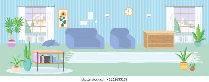 Vector living-room flat design. Home interior illustration. Furniture in cozy room with pictures and clock on wall. House lounge area. Comfortable residence apartment