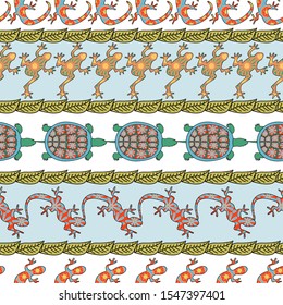 Vector Lizard, Turtles, Frogs with Green Leaves on Blue and White Stripes Background Seamless Repeat Pattern. Background for textiles, cards, manufacturing, wallpapers, print, gift wrap and