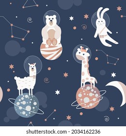 Vector of llama, bear and giraffe sitting on planets, with rabbit and stars floating in space. graphic decor print design, outer space and cosmos concept digitally generated image.