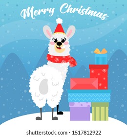 Vector llama in Christmas red hat. Alpaca greeting card in hand drawn style. Concept for invitation, poster, print, banner. Merry Christmas and happy new year.