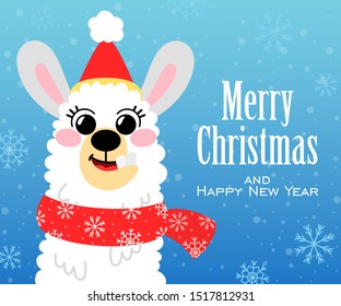 Vector llama in Christmas red hat. Alpaca greeting card in hand drawn style. Concept for invitation, poster, print, banner. Merry Christmas and happy new year.