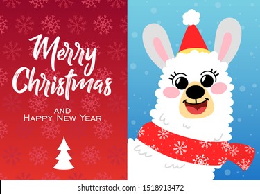 Vector llama in Christmas red hat. Alpaca greeting card in hand drawn style. Concept for invitation, poster, print, banner. Merry Christmas and happy new year.