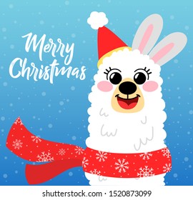 Vector llama in Christmas red hat. Alpaca greeting card in hand drawn style. Concept for invitation, poster, print, banner. Merry Christmas and happy new year.