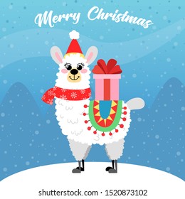 Vector llama in Christmas red hat. Alpaca greeting card in hand drawn style. Concept for invitation, poster, print, banner. Merry Christmas and happy new year.