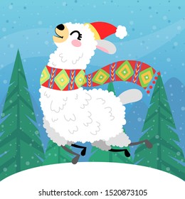 Vector llama in Christmas red hat. Alpaca greeting card in hand drawn style. Concept for invitation, poster, print, banner. Merry Christmas and happy new year.