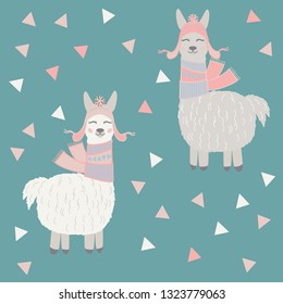 Vector llama in hat pattern for kids. Colorful seamless llama and triangle pattern. Perfect for greetings, invitations, manufacture wrapping paper, textile and web design. Vector pattern