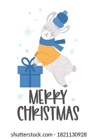 Vector llama in hat, scarf and sweater with present and snowflakes. Cute winter animal illustration. Funny Christmas card design. New Year print with smiling character
