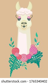 Vector llama head with a bouquet of roses and fern.