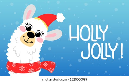 Vector llama head in Christmas red hat. Llama greeting card in hand drawn style. Holly jolly lettering.