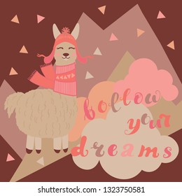 Vector llama illustration. Llama and lettering print. Llama,lettering, triangle, clouds and mountains. Lettering. Perfect for greetings, invitations, manufacture wrapping paper, textile and web design