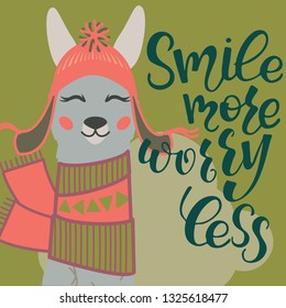 Vector llama illustration. Llama and lettering print. Llama,lettering, triangle, clouds and mountains. Lettering. Perfect for greetings, invitations, manufacture wrapping paper, textile and web design
