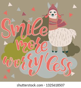 Vector llama illustration. Llama and lettering print. Llama,lettering, triangle, clouds and mountains. Lettering. Perfect for greetings, invitations, manufacture wrapping paper, textile and web design