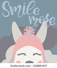 Vector llama illustration. Llama and lettering print. Llama,lettering, triangle, clouds and mountains. Lettering. Perfect for greetings, invitations, manufacture wrapping paper, textile and web design