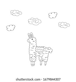Vector llama outline with clouds coloring book antistress for adults and children isolated object on white background for print
