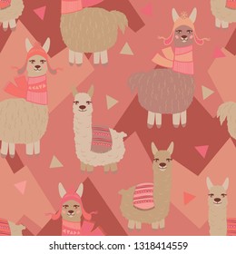 Vector llama pattern for kids. Colorful seamless llama, triangle, clouds and mountains pattern. Perfect for greetings, invitations, manufacture wrapping paper, textile and web design. Vector pattern