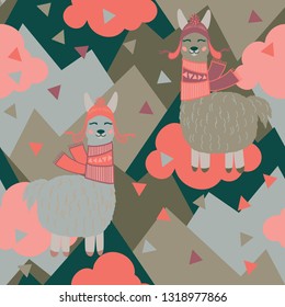 Vector llama pattern for kids. Colorful seamless llama, triangle, clouds and mountains pattern. Perfect for greetings, invitations, manufacture wrapping paper, textile and web design. Vector pattern