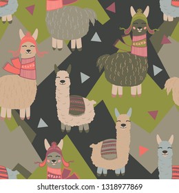 Vector llama pattern for kids. Colorful seamless llama, triangle, alpaca and mountains pattern. Perfect for greetings, invitations, manufacture wrapping paper, textile and web design. Vector pattern