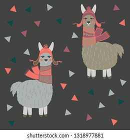 Vector llama pattern for kids. Colorful seamless llama, triangle, clouds and mountains pattern. Perfect for greetings, invitations, manufacture wrapping paper, textile and web design. Vector pattern