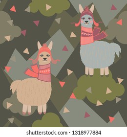 Vector llama pattern for kids. Colorful seamless llama, triangle, clouds and mountains pattern. Perfect for greetings, invitations, manufacture wrapping paper, textile and web design. Vector pattern