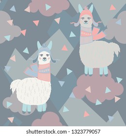 Vector llama pattern for kids. Colorful seamless llama, triangle, clouds and mountains pattern. Perfect for greetings, invitations, manufacture wrapping paper, textile and web design. Vector pattern