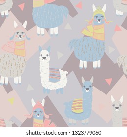 Vector llama pattern for kids. Colorful seamless llama, triangle, clouds and mountains pattern. Perfect for greetings, invitations, manufacture wrapping paper, textile and web design. Vector pattern