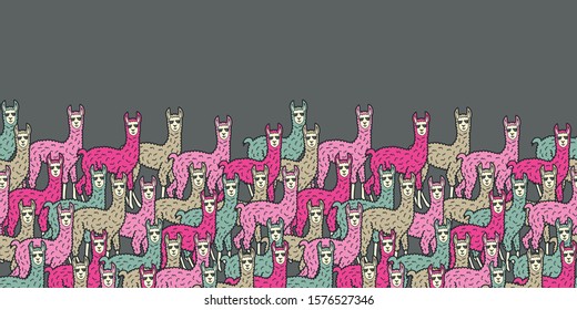 Vector llama seamless border in pink and grey. Simple doodle lama hand drawn made into dense repeat. Great for invitations, decor, packaging, ribbon, greeting cards, stationary.
