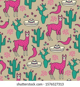 Vector llama seamless pattern in green and pink. Simple doodle lama, cacti, sombrero hand drawn made into repeat. Great for background, wallpaper, wrapping paper, packaging, fashion.
