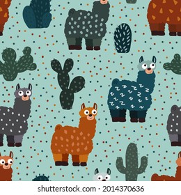 Vector llamas seamless pattern. Funny and playful llamas and cacti repeat the background for the fabric design. Funny children's print on the fabric.