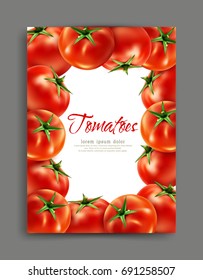 Vector lliustration with realistic tomatoes and place for text Element for design, business, advertising, promotion of products, natural juices, food.Template for flyer, brochure,  packaging, banner.