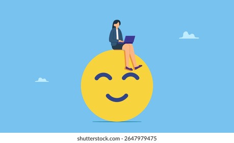 Vector llustratioh of happy businesswoman working with laptop computer on smiling face. Work happiness or job satisfaction, passion or enjoyment working with company, employee wellbeing concept.