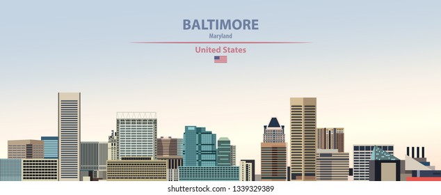 Vector llustration of Baltimore city skyline on colorful gradient beautiful day sky background with flag of United States