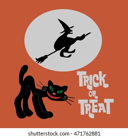 Vector llustration of a black cat and flying witch on a broomstick on the background