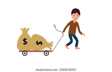 Vector ilustración de hombre de negocios tirando de un carro con una bolsa de dinero grande. Símbolo de la idea. Lámpara eléctrica, luz, innovación, solución, pensamiento creativo, electricidad. Esquema, estilo plano y coloreado. 