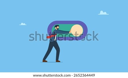 Vector llustration of businessman push setting button switch to on position. Turn on switch, paradigm shift or change to be better status, start or begin business, setting or preference.