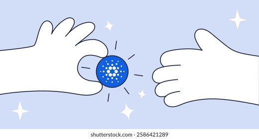 Vector llustration of a Cardano Crypto Transaction Represented by Hands Sharing a Blue ADA Cryptocurrency Token