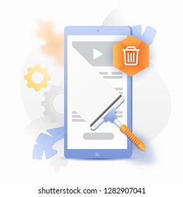 Vector llustration of cleansing internet traces. Big window wiper cleaning mobile phone screen. Trash bin sign over the scene.