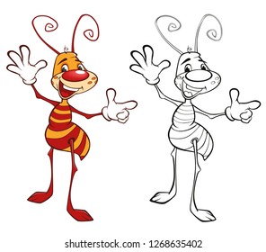 Vector llustration of a Cute Little Ant Cartoon Character. Coloring Book