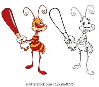 Vector llustration of a Cute Little Ant Cartoon Character. Coloring Book