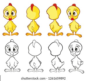 Vector llustration of a Cute Little Chicken Cartoon Character for you Design and Computer Game. Storyboard. Coloring Book