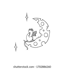 Esplusa vectorial de adorable luna de ratón comiendo en forma de queso. Dibujo de dibujos animados en blanco y negro