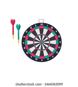 Vector llustration of darts supply. Colorful dartboar with dart isolated on white background.
