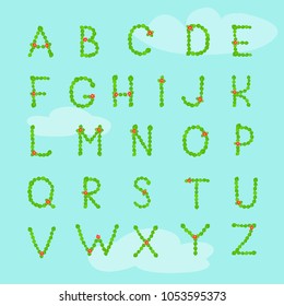 Vector llustration of decorative alphabet on blue sky background. Letters consist of leaves and flowers