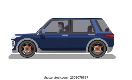 Vector o ilustración del lado detallado del coche SUV plano con el hombre que conduce. Coche de dibujos animados color azul. Sombra de coche sobre fondo blanco aislado.