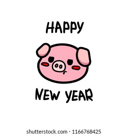Vector llustration, flat pig, the sign of New Year 2019, and hand drawn lettering "Happy New Year". Can be used for funny greeting cards, promo banners, t-shirt prints.