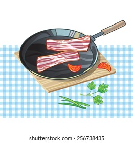  Vector llustration  of fried  bacon on frying pan.  Can be used for cards, fabrics, illustrations, wallpapers, template for design and decoration, etc
