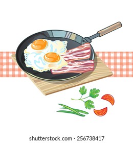  Vector llustration of fried  chicken eggs and bacon on frying pan,  Can be used for cards, fabrics, illustrations, wallpapers, template for design and decoration, etc