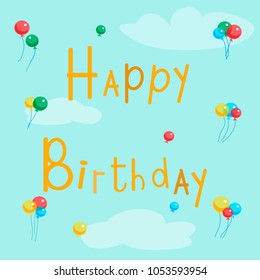 Vector llustration of Happy birthday greeting card with balls on a background of blue sky and clouds