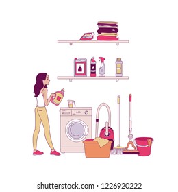 Vector llustration of interior equipment of laundry room with washing machine, household products, pile of clothes, iron. Houswife inside laundry. Line style.