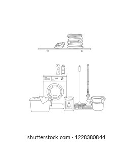 Vector llustration of interior equipment of laundry room with washing machine, household products, pile of clothes, iron. Line style.