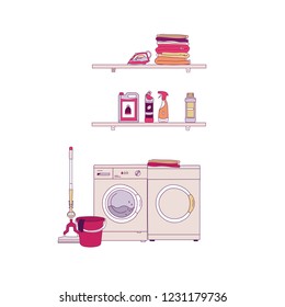 Vector llustration of interior equipment of laundry room with washing machine, household products, pile of clothes, iron. Cartoon style.